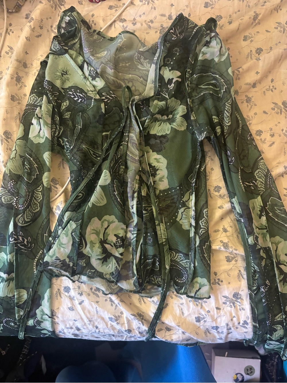 Garage Olive Green Floral Sheer Tie-Front Blouse